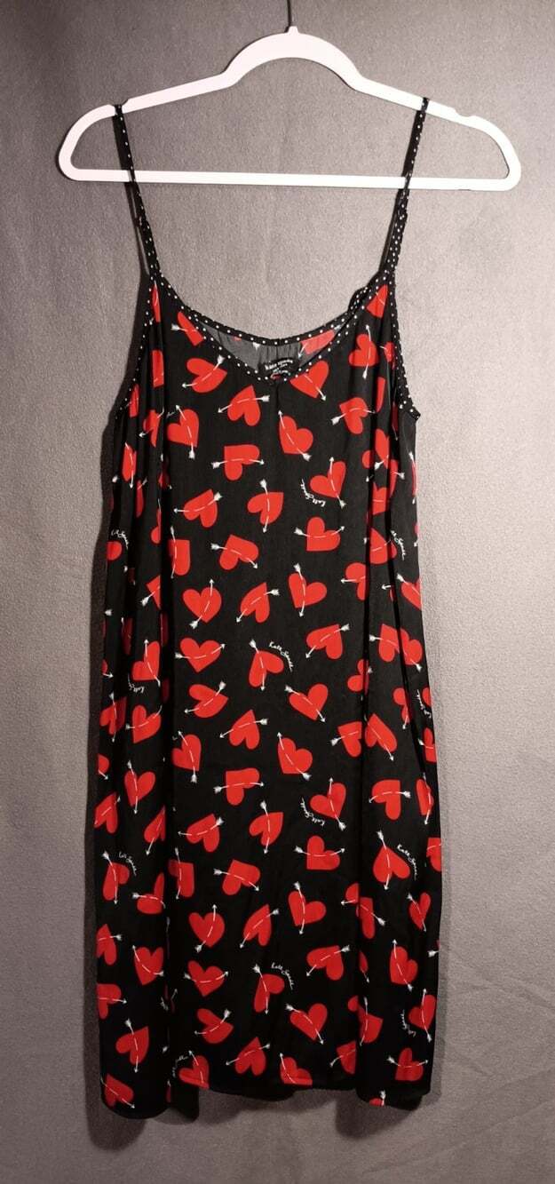 Kate Spade Satin Slip Dress Large Silky Nightie Black Red Hearts Bows Lingerie